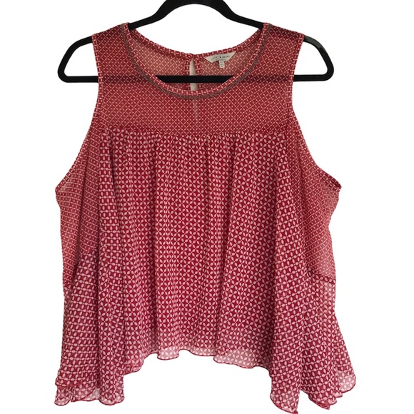 Lucky Brand Sheer Bell Sleeve Cold Shoulder Beaded Top Red White Size XS - Picture 7 of 8